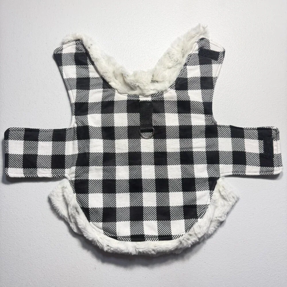 Buffalo Plaid Dog Coat with Fur Trim Stylish Winter Jacket for Pets Size Medium